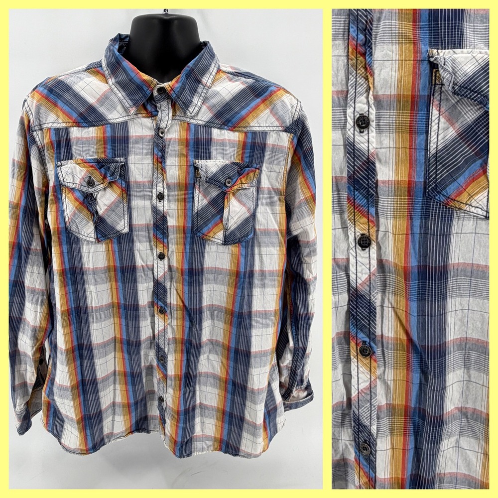 Rebel & Soul Men's 2XL Plaid Button‎ Up Shirt Long Sleeve Western Cotton Blue